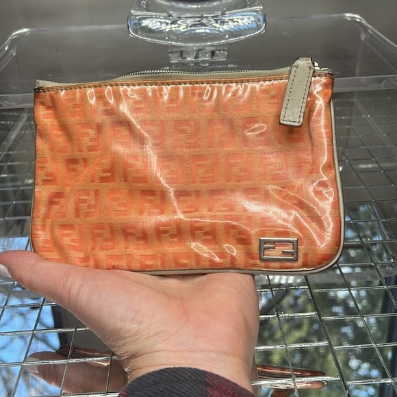 Fendi Zucco Zucchino Orange Peach Clear Coated Canvas Zip Pouch Clutch Bag - Picture 8 of 12